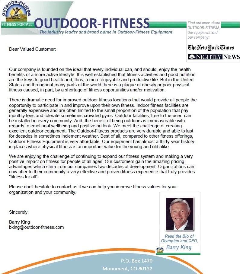 About Us Outdoor Fitness Equipment Health Fitness Wellbeing New York Times Barry King NBC Nightly NEWS adult playground obeisity